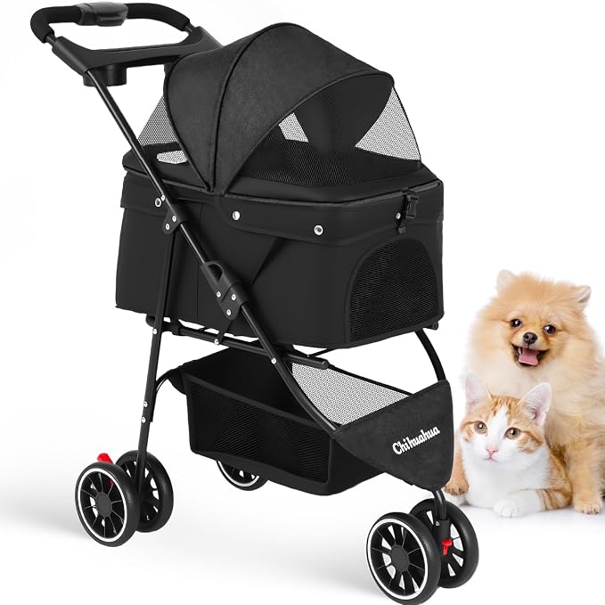 Pet Stroller,Dog Stroller for Small Medium Dogs Cats,3 Wheels,Black | Foldable,with Breathable Mesh Canopy,Cup Holders,Easy Assembly