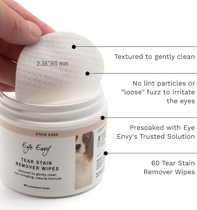Eye Envy Tear Stain Wipes for Dogs. Textured to Gently Clean. Presoaked in Natural Formula. Recommended by AKC Breeders, Professional Groomers. Cleans Staining. USA Made. 60 Wipes