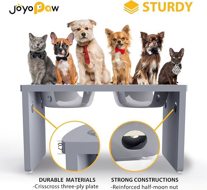 Elevated Dog Bowls, Bamboo Raised Dog Bowl for Large Dogs & Medium Dogs, with 2 Stainless Steel Bowls (10'' Tall–48 oz Bowl, Grey)