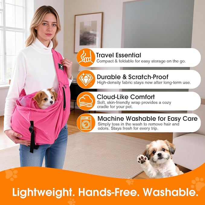 Dog Sling Carrier for Small Dogs & Cats 5-20 lbs, Adjustable Depth | Breathable Air Mesh Puppy Sling, Water-Resistant Travel Bag, Double Safety Leash, Machine Washable, Hands-Free Pouch, Fuchsia