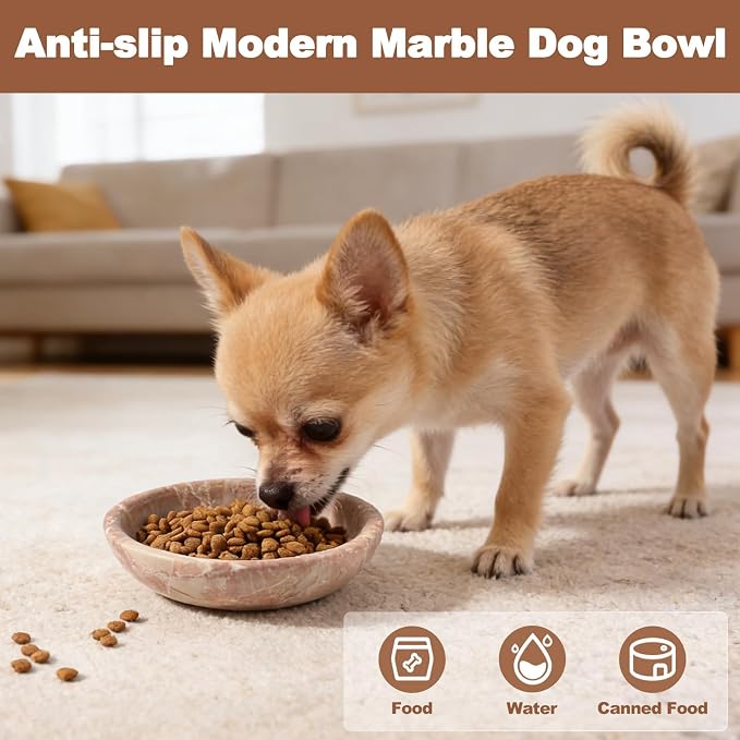 Natural Marble Cat Bowl, Weighted 1.5lb Cat Food Bowl for Cat and Small Dog, Small Animal Pet Food Dish Non-Slip, Shallow Dish for Whisker Fatigue Relief, Premium Red Stone for Home Decor