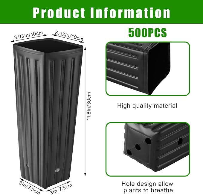 Nuenen 500 Pcs Tall Pot Plastic Deep Plant Nursery Pots Black Seedling Flower Plant Container with Drainage Holes for Indoor Outdoor Gardening (11.8" H X 3.9" W)