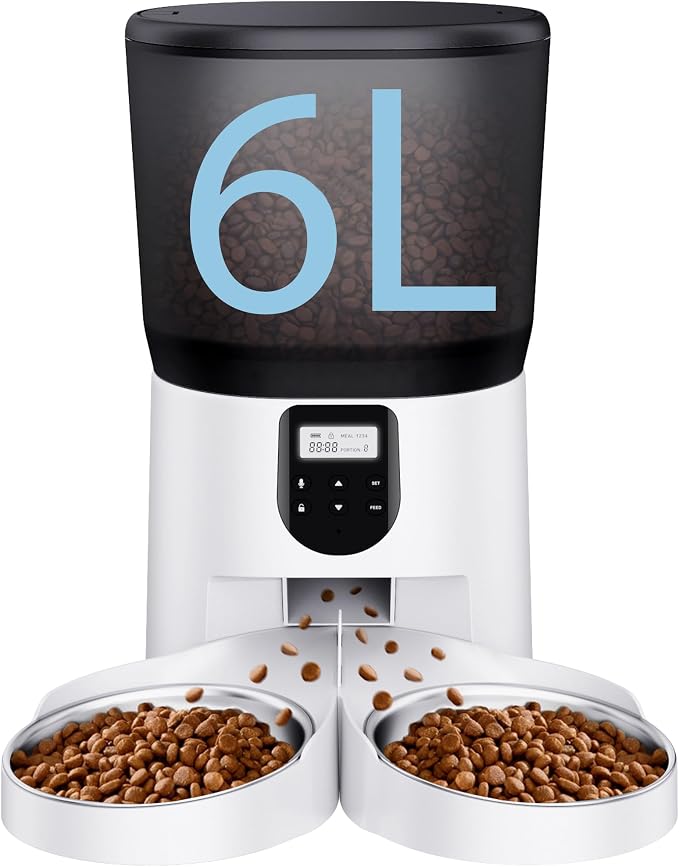 Automatic Cat Feeders for 2Cats, 6L/25cup Automatic Cat Food Dispenser with 2 Stainless Pet Bowls,10s Meal Call Timer Setting 20 Portions 6Meals Per Day, Timed Pet Feeder for Cats Dog Indoor Dry Food