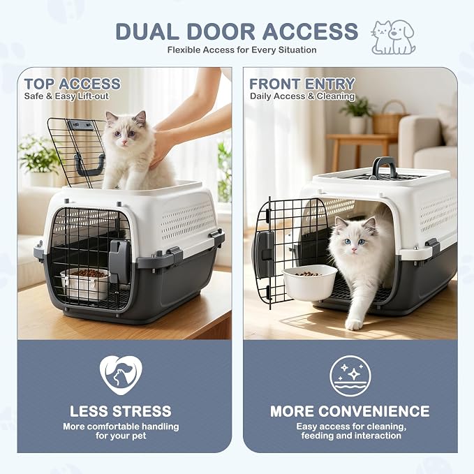 22.5" Hard-Sided Pet Carrier for Small Dogs & Cats, Plastic Cat Carriers | Front & Top Door Access, Ventilation Design, Feeding Bowl Included, for Camping & Trips, for Small Pets up to 26 lbs, Gray