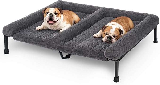 Veehoo Plush Double Dog Couch Bed for 2 Dogs, Washable Elevated Dog Bed | Cooling Raised Pet Cot with Removable Bolster Cushion, Breathable Mesh, No-Slip Feet, 53 x 37 inches, Grey