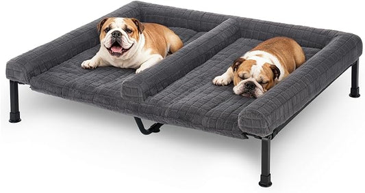 Veehoo Plush Double Dog Couch Bed for 2 Dogs, Washable Elevated Dog Bed | Cooling Raised Pet Cot with Removable Bolster Cushion, Breathable Mesh, No-Slip Feet, 53 x 37 inches, Grey