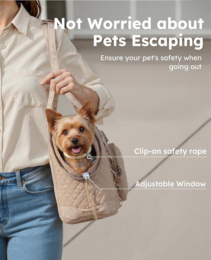 Pecute Dog Purse Carrier, Dog Carrier with Pockets for Small Dogs, Fits Dogs 5 lbs to 9 lbs, Cat and Puppies Tote Bag, Outing, Travel, Vet, Khaki | Breathable,Foldable,Large Pocket,Built-in safety Rope,Machine washable,Under 9 Lbs