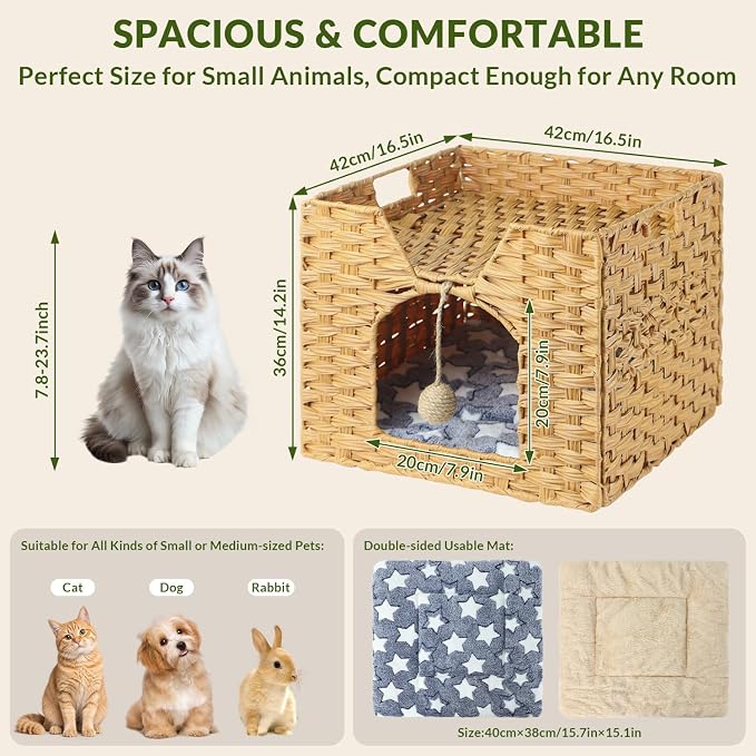 Handwoven Rattan Cat Bed Indoor Kitten, Cat Bed Cave with Cushion, Sisal Ball & S-Shaped Hooks, Foldable Hideaway Cat House for Bedroom Living Room, Natural