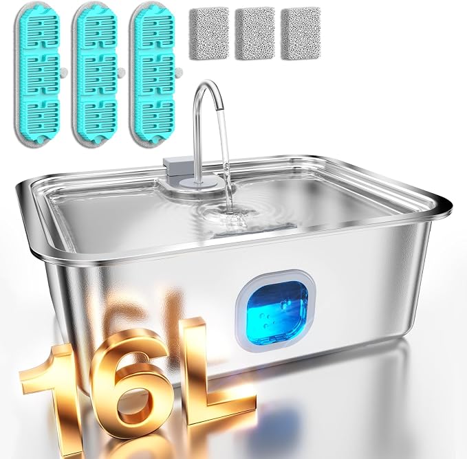 4.2Gal Dog Water Fountain for Large Dogs, 16L Stainless Steel Large Dog Fountain Water Bowl with Deeper & Wider Drinking Tray, Automatic Pet Water Dispenser with Visible Window (with 3 Filters)