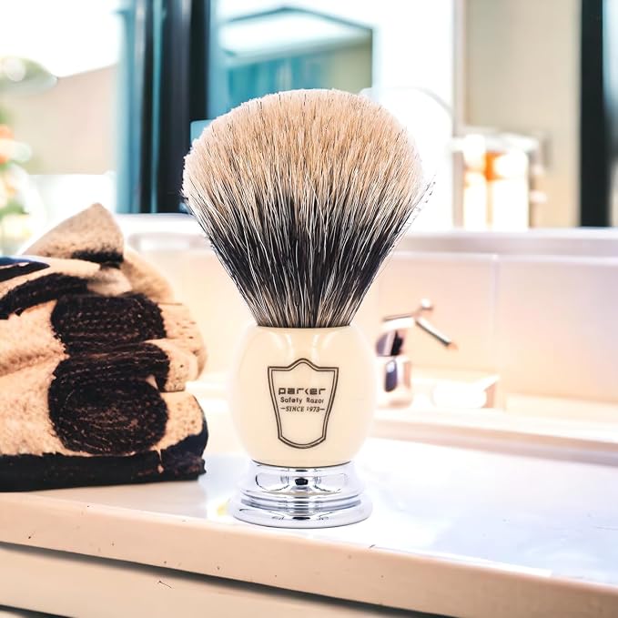 Parker Pure Badger Shaving Brush, Faux Ivory & Chrome, 22mm Knot | Rich Lather, Handcrafted Tool, Cream or Soap, Classic Wet Shaving, Iconic Brand. Includes Stand