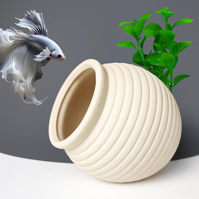 SpringSmart Aquarium Decor Rock Betta Fish Tank Decorations Ceramic Hideout Stone for Fish Shrimp Turtle Crab to Breed, Rest and Play, Small Fish Bowl Hiding Cave, Pot Shaped Betta Toys