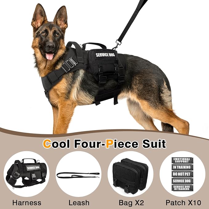 Tactical Dog Harness with Dog Leash, Service Working MOLLE Vest with 10 Pet Patches for Medium Dog, No Pull Military Harness and Backpack for Training Hunting Walking