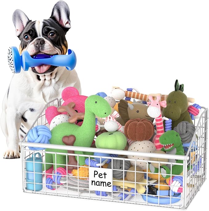 Kaiferty Indestructible Dog Toy basket, Medium Toy Box for Dogs,Pet Toy Bin Dog Metal Basket for Toys, Dog Toy Storage, Dog Storage Organizer,Dog Toy Box for Living Room Area (White)