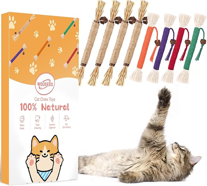 WOUSEDO 8 Pack Catnip Chew Toys for Cats,Cotton Sisal Rope Toys,Cat Natural Silvervine Sticks,for Cat Teeth Cleaning and Dental Care,Interactive Toy for Bored Indoor Cats