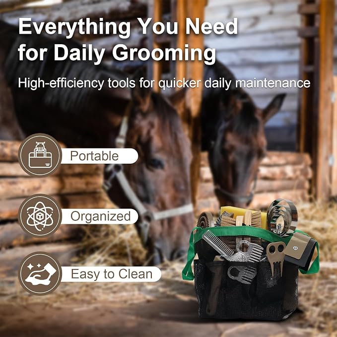 Horse Grooming Kit 14 Pieces, Horse Brushes for Grooming Supplies Set | Includes Curry Comb, Hoof Pick, Gloves & Mane Tools Durable Grooming Set for Bathing, Shedding and Daily Horse Care