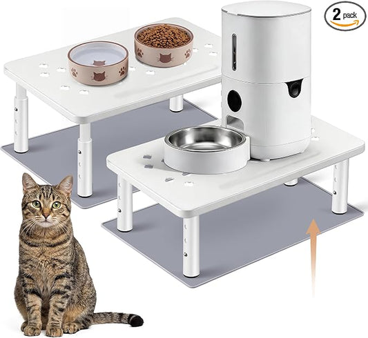 Dreyoo 2 Set Adjustable Cat Food Stand, White,Gray Mat | Fits Most Auto Feeders, Cat Food Stand, 3 Level Stand, Non Slip Silicone Mats, Elevated Feeding Table, Cats Small Dogs