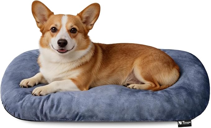 Washable Oval Medium Dog Bed, Silver-Tipped High-Resilience, Dusty Blue | Non-Slip Bottom Prevents Sliding, Soft Plush Short Fur, Machine Washable, Ideal for Crates/Apartments/Cozy Nooks,29"x18"x2.8"