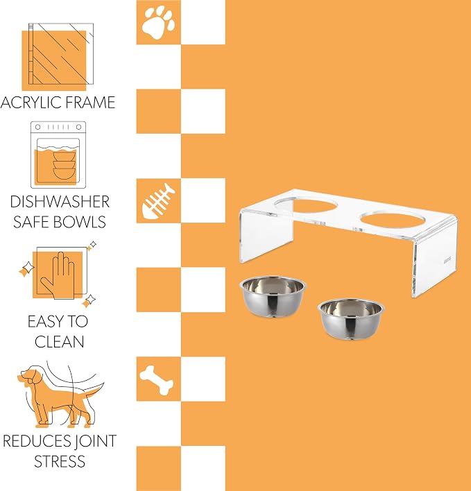 DBL2000A Keaton 5" Small/Medium Modern Lucite Rectangular Elevated Pet Feeder with 20oz 2-Stainless Steel Bowls, Clear/Chrome