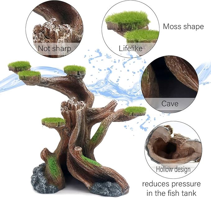 relaqcc Reptile Decor Aquarium Decorations Artificial Moss Resin Fish Tank Rocks Simulation Hollow Tree Leopard Gecko Trunk Accessories Aquarium View（Medium）
