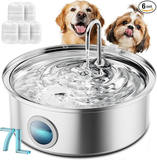 Oneisall Pet Water Fountain with 5 Set Filters, 7L/230oz Quiet Dog Water Dispenser, Stainless Steel Dog Fountain with Visual Water Level&4-Layer Filtration for Large Dogs