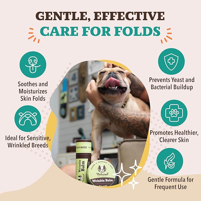 Natural Dog Company Wrinkle Balm for Dog Wrinkles (2oz Tin) All-Natural, Lick-Safe Dog Lotion for Dry Itchy Skin, French Bulldog Skin Care, Moisturizes & Cleans Wrinkle Folds, Plant-Based, Made in USA