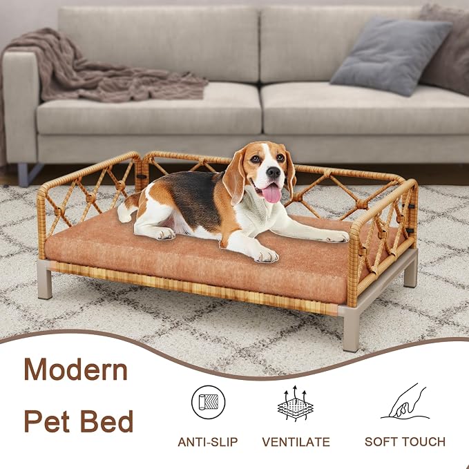 Outdoor Dog Bed, Elevated Dog Couch with Removable Cushion, Waterproof Rattan Wicker Orthopedic Indoor Raised Pet Sofa for Dogs, Cats, Pets (Brown)