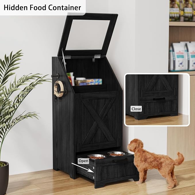 Dog Feeding Station with Storage Cabinet and 2 Elevated Dog Bowls, Hidden Pet Food Storage Organizer for Dog &Cat, Modern Dogs Furniture, Black