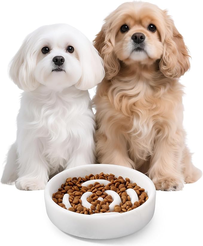 Karibiber Marble Slow Feeder Dog Bowl, White Puppy Puzzle Dish for Small Dogs Cats, Heavy Non-Slip Stone Dog Food Bowl, Anti-Choke Bloat Stop Maze