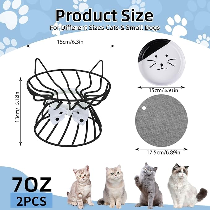 Set of 2 Elevated Ceramic Cat Bowls, Detachable, Black | Detachable Design Easy Cleaning Whisker Friendly Non-Slip Base Premium Ceramic