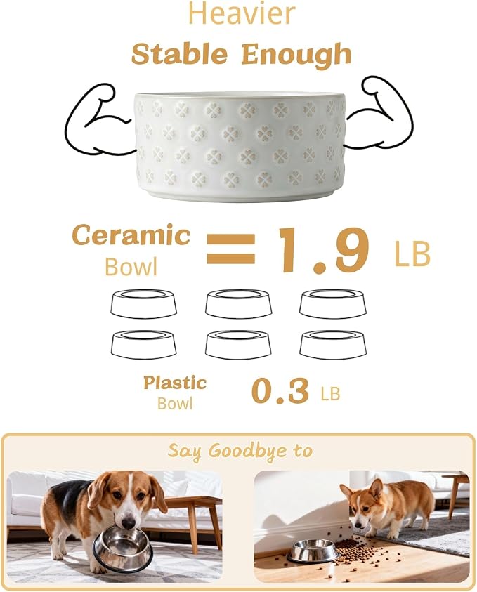 TRUVIC Ceramic Dog Bowl Set of 2 with Wood Stand, Jun Blanc Daisy & Clover Relief Dog Food and Water Bowl Set, 3.5 Cup/28 oz Puppy Food Bowls for Medium Dogs, Dishwasher Safe