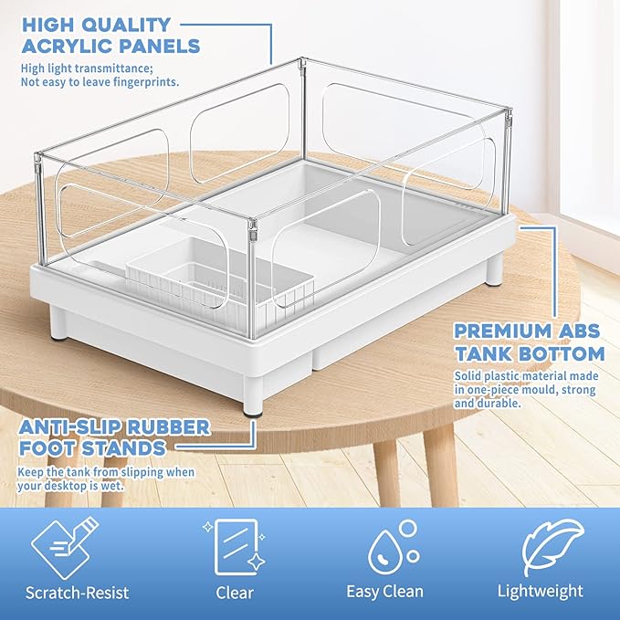 MoonOrange Small Turtle Tank Kit(Tank+Light+Filter), Acrylic Turtle Tank Starter Kit with Bask Platform, Bottom Drain, Multi-Function Area for Small Reptiles.(White)
