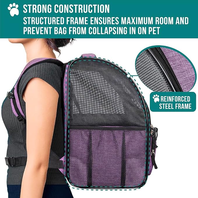 PetAmi Dog Backpack Carrier for Small Medium Dogs Large Cats up to 18 lbs, 2 Side Entry, Structured No-Collapse Frame, Airline Approved Ventilated Pet Backpack for Hiking Camping Travel, Purple