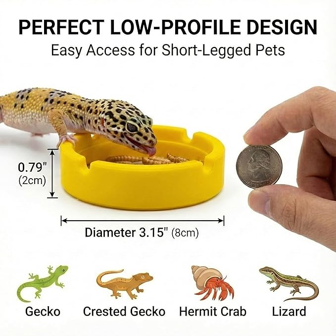 2-Pack Silicone Reptile Food and Water Bowl, Crested Gecko Tank Accessories, Eudimysx Soft Unbreakable Dish for Leopard Gecko & Hermit Crab, Shallow Low Profile & Easy to Clean (Yellow & Green)