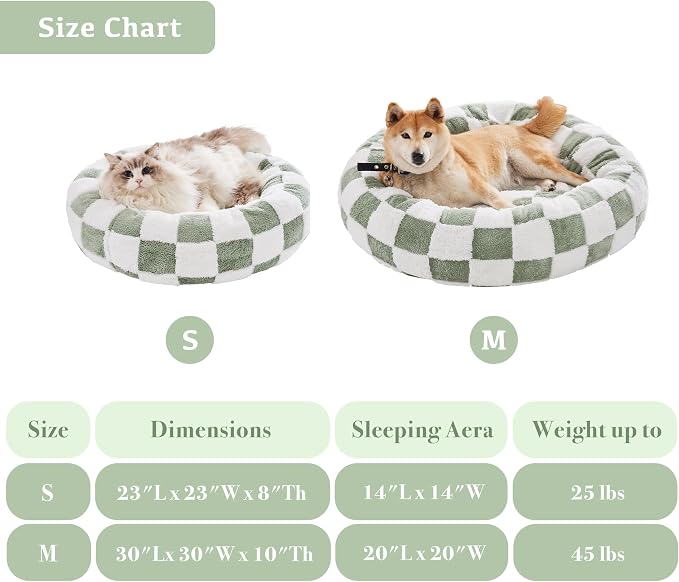 Ohocut Checkered Cat Dog Bed, Cute Sage Green Retro Style Aesthetic Round Warming Pet Calming Beds for Small Dog and Cats, Plush Cozy Donut Beds Washable, 23" L x 23" W x 8" Th