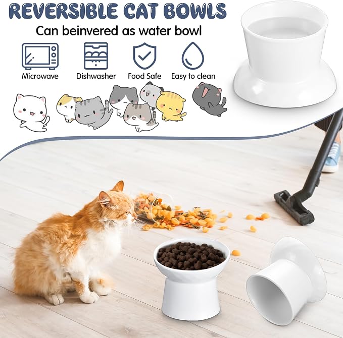 4 Pcs Ceramic Raised Cat Bowls, Elevated Tilted Cat Bowl for Food Water, Stress Free, Backflow Prevention, Dishwasher Microwave Safe, Feeder Dish for Indoor Kitten, Small Dogs(White)