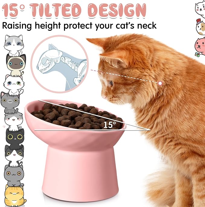 4 Pcs Ceramic Raised Cat Bowls, Elevated Tilted Cat Bowl for Food Water, Stress Free, Backflow Prevention, Dishwasher Microwave Safe, Feeder Dish for Indoor Kitten, Small Dogs(White and Pink)