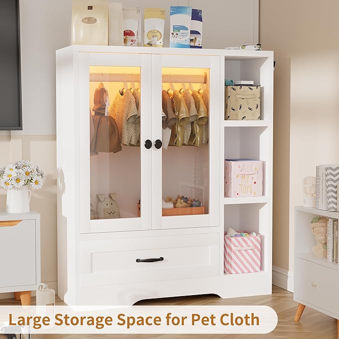 kepptory Large Pet Wardrobe Closet with LED Light, 3 Tiers Storage Shelves & Drawer, White Pet Clothes Organizer Cabinet with Hanging Rod, Multi-Functional Pet Closet for Dogs & Cats Clothing, Toys