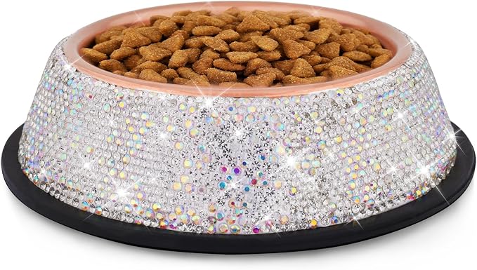 Sparkly Full Rhinestones Designed Rose Gold Stainless Steel Pet Bowl - Stylish and Practical Diamond Food Water Dishes Bowls for Small Medium Large Cats Dogs Rabbits