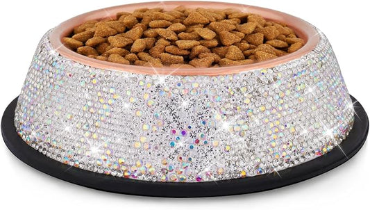 Sparkly Full Rhinestones Designed Rose Gold Stainless Steel Pet Bowl - Stylish and Practical Diamond Food Water Dishes Bowls for Small Medium Large Cats Dogs Rabbits