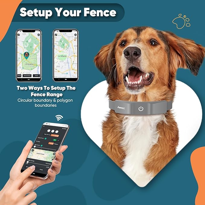 GPS Electric Dog Fence with Free App, Wireless Fence System with Training Collar, Portable for Outdoor Use, Rechargeable Waterproof Flexiable Collar, Adjustable of Dogs (Grey)