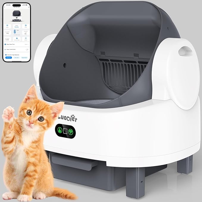 Automatic Litter Box, Open Top Large Self Cleaning Cat Litter Box for Multiple Cats, with APP Control/Multiple Safety Sensors/Trash Bag/Litter Mat, Cat Box Automatic Cleaning White