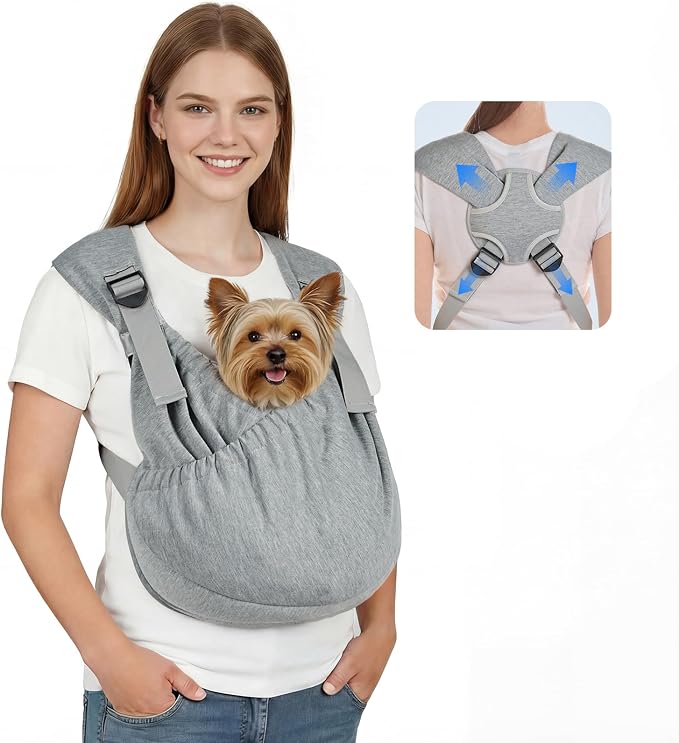 Supet Dog Sling Carrier for Pets, Adjustable Hands Free Front Chest Pouch | Reduces Back & Neck Pain Anti-Anxiety Backpack, 62% Cotton Blend Soft Bag, Fit Dogs, Cats, Puppy (Grey Regular 4-12Lbs)