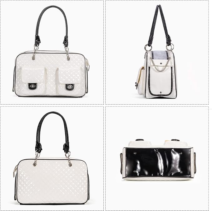 Pet Carrier Fashion Dog Carrier Purse Leather Tote Handbag Bag for Small Puppies Dogs Cat Small Animals Soft TSA Airline-Approved (White)