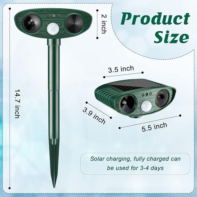 Ultrasonic Animal Repellent Outdoor Solar Powered Repeller Cat Dog Squirrels Deer Deterrent Waterproof Motion Sensor Deterrent for Yard Garden Rabbit Fox Pest (2, Green)