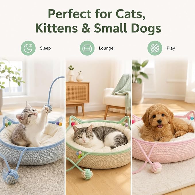 Handwoven Cotton Rope Cat Basket Bed with Hanging Ball Toy (Green, Small) | cat bed, woven cat basket, kitten bed, small dog bed, cat toy ball, all season pet bed, washable cat cushion
