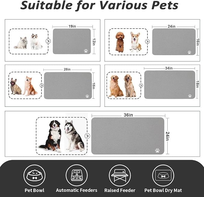 HotLive Dog Food Mat - Absorbent Cat Mat for Food and Water, No Stains Pet Feeding Bowl Mat, Easy to Clean Pet Placemats, Quick Dry Dog Water Dispenser Mat for Messy Drinkers | Paw Grey 18"x 28"