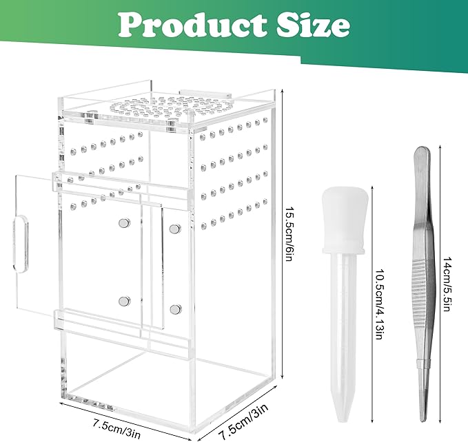 Jumping Spider Enclosure, 3x3x6 Inch Acrylic Terrarium with Magnet Opening Door & Tweezers, Suitable for Tarantula & Praying Mantis