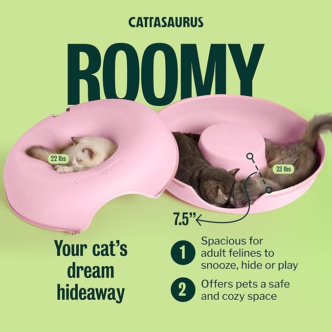Peekaboo Cat Cave Donut for Multiple & Large Cats up to 30-45 lbs, 3-in-1 Self Warming Cat Bed, Tunnel & Scratcher for Indoor Cats, Washable & Detachable Small Dog Bed (Pink, Large)