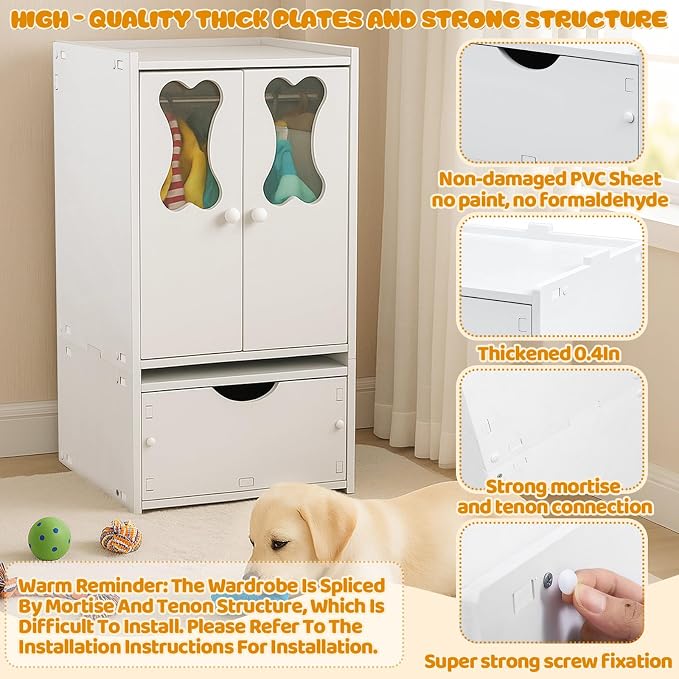 Teenyyou 22.84 x 12.99 x 12.6 Inch Pet Wardrobe Closet Dog Toy Clothes Storage Organizer with Doors and Telescopic Hanging Rod Combinable Drawers Closet Rack for Small Dog Cat Toys Clothes Accessories