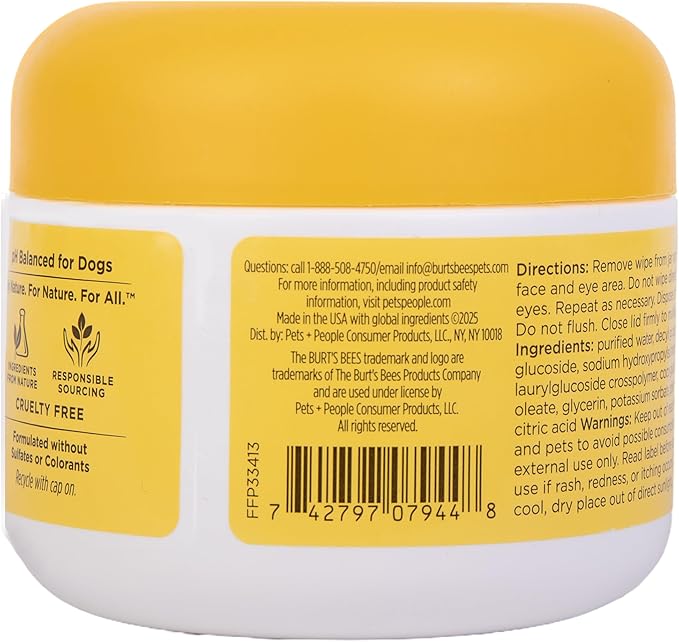 Burt’s Bees for Pets Eye and Ear Cleansing Wipes for Dogs, Fragrance Free - 98% Natural Origin Gentle Wipes Remove Tear Stains and Clean Ear Build-Up, Daily Use, 100 Count